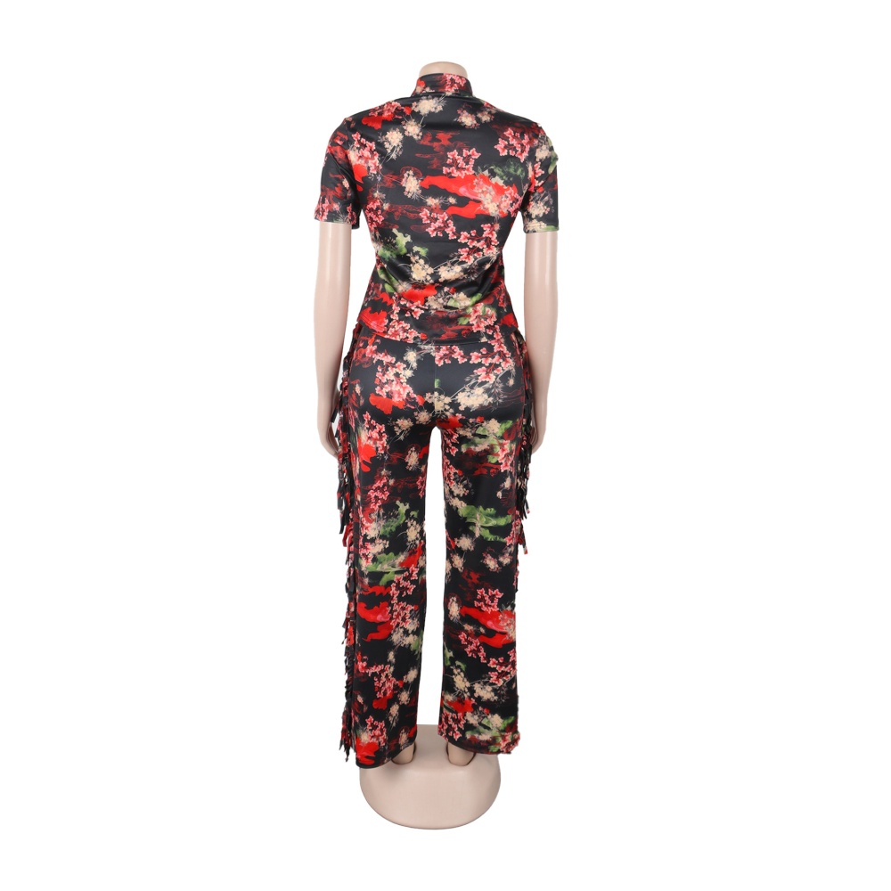 Short sleeve printing long pants Casual lapel shirt 2pcs set