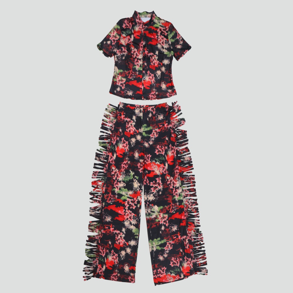 Short sleeve printing long pants Casual lapel shirt 2pcs set