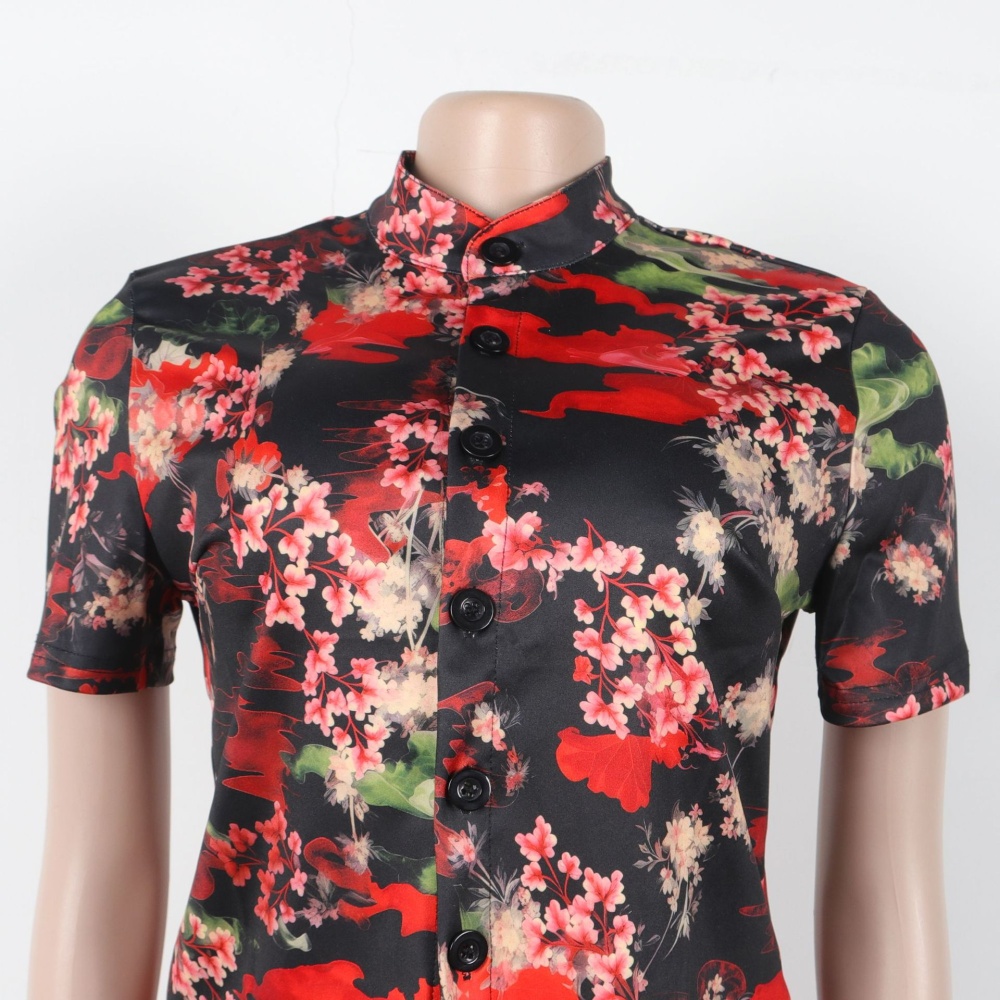 Short sleeve printing long pants Casual lapel shirt 2pcs set