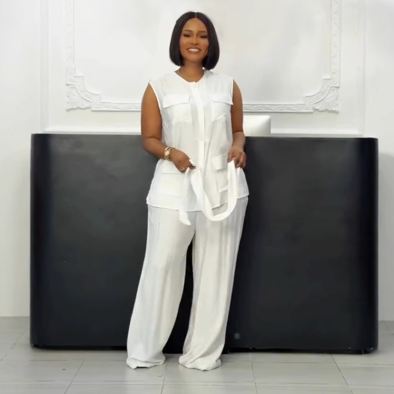 Commuting bandage cardigan sleeveless wide leg pants 2pcs set