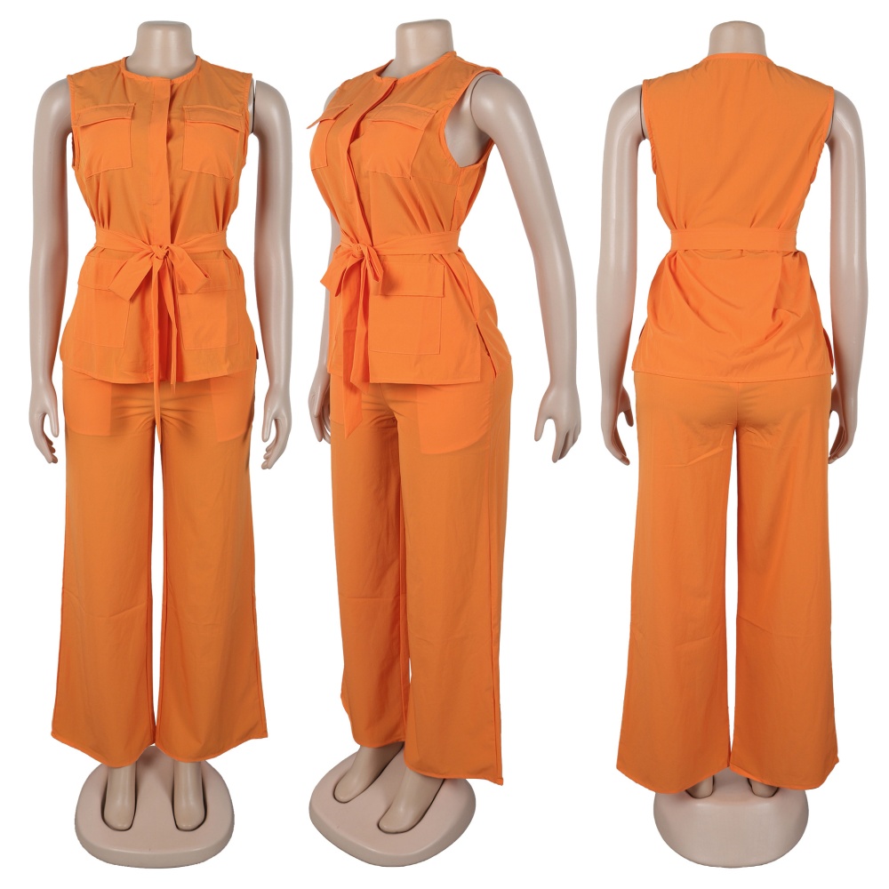 Commuting bandage cardigan sleeveless wide leg pants 2pcs set