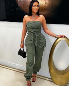 Wrapped chest Casual work clothing many pocket jumpsuit