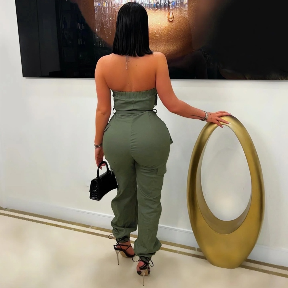 Wrapped chest Casual work clothing many pocket jumpsuit