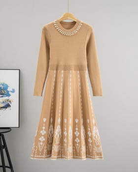 Jacquard beading dress round neck long dress for women
