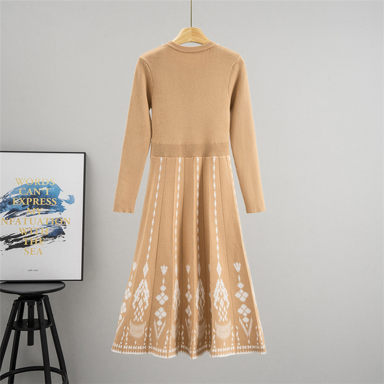 Jacquard beading dress round neck long dress for women