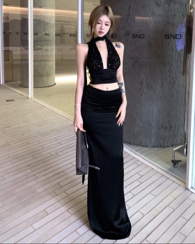 Halter black tops sequins satin skirt 2pcs set