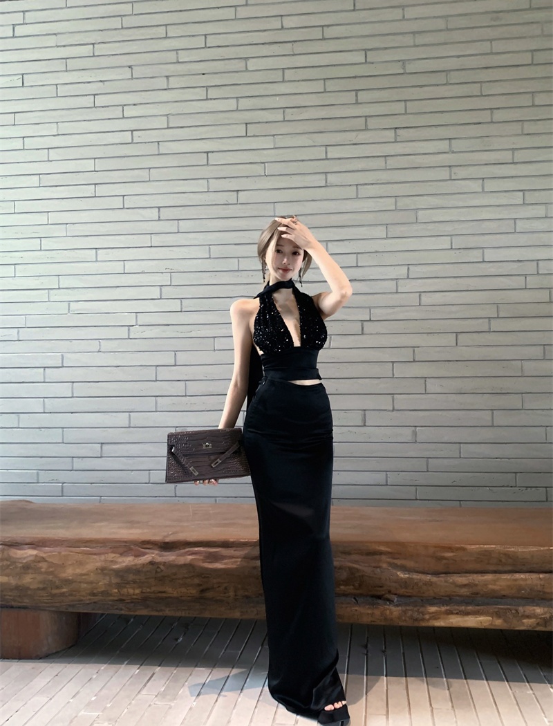 Halter black tops sequins satin skirt 2pcs set