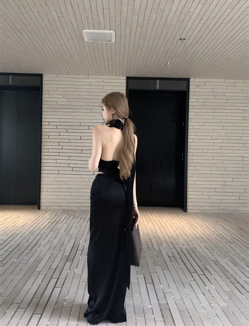 Halter black tops sequins satin skirt 2pcs set