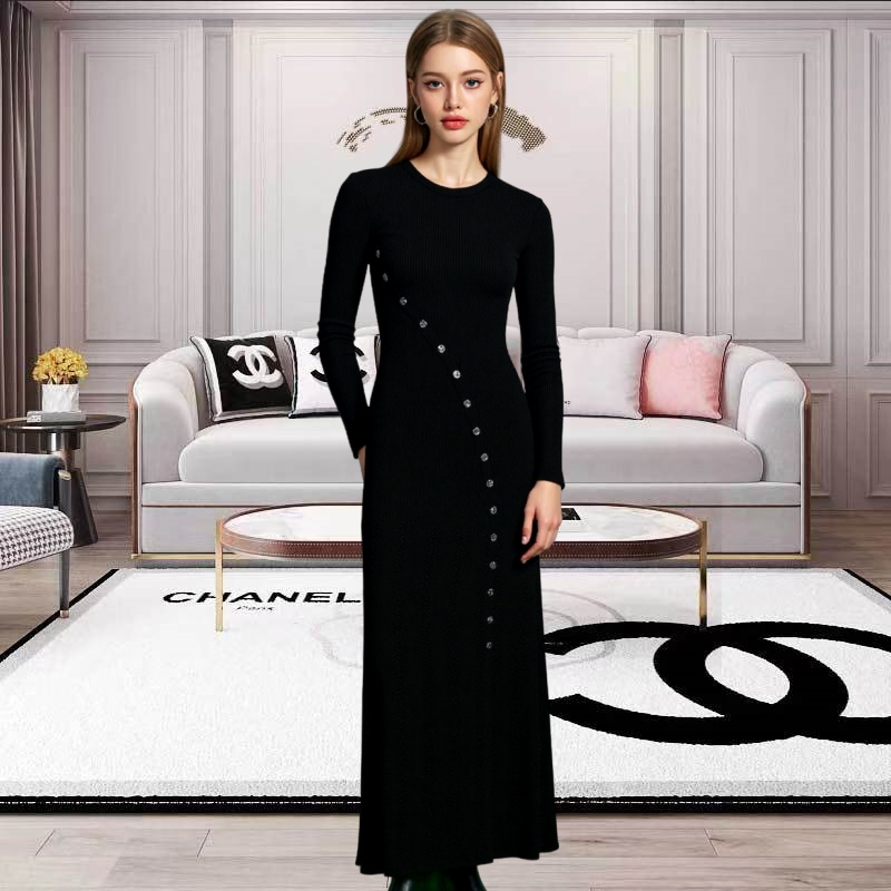 Long sleeve knitted long dress single-breasted dress for women