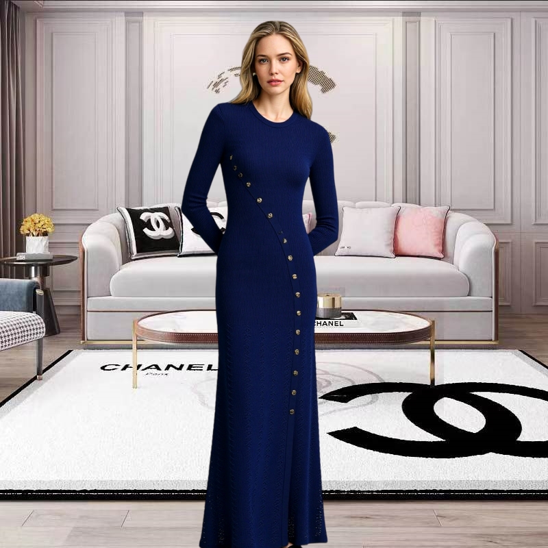 Long sleeve knitted long dress single-breasted dress for women