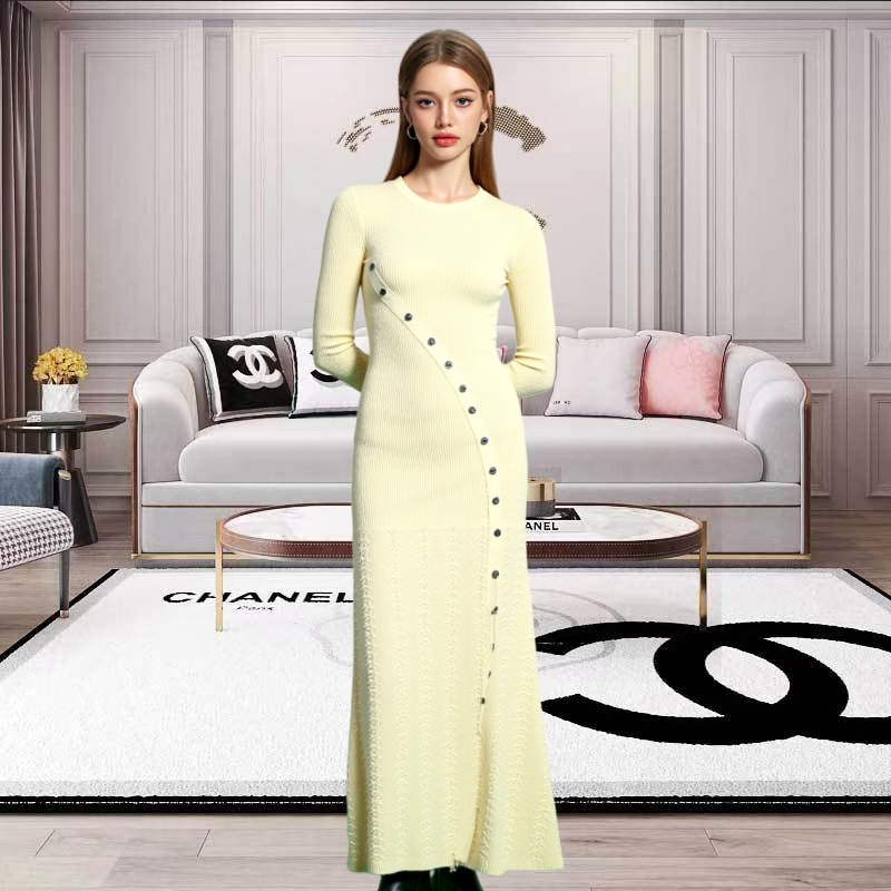 Long sleeve knitted long dress single-breasted dress for women