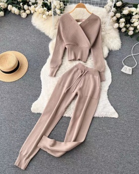 Sexy V-neck sweater autumn sweatpants 2pcs set for women