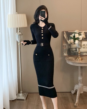 Long autumn pinched waist knitted sexy dress