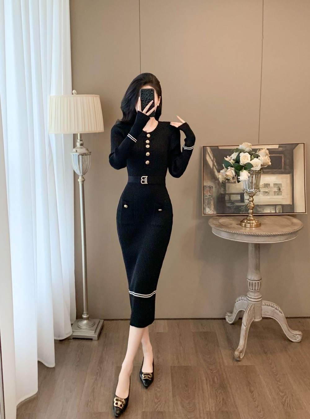 Long autumn pinched waist knitted sexy dress