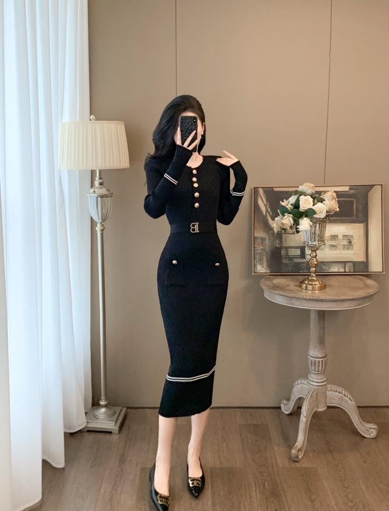 Long autumn pinched waist knitted sexy dress