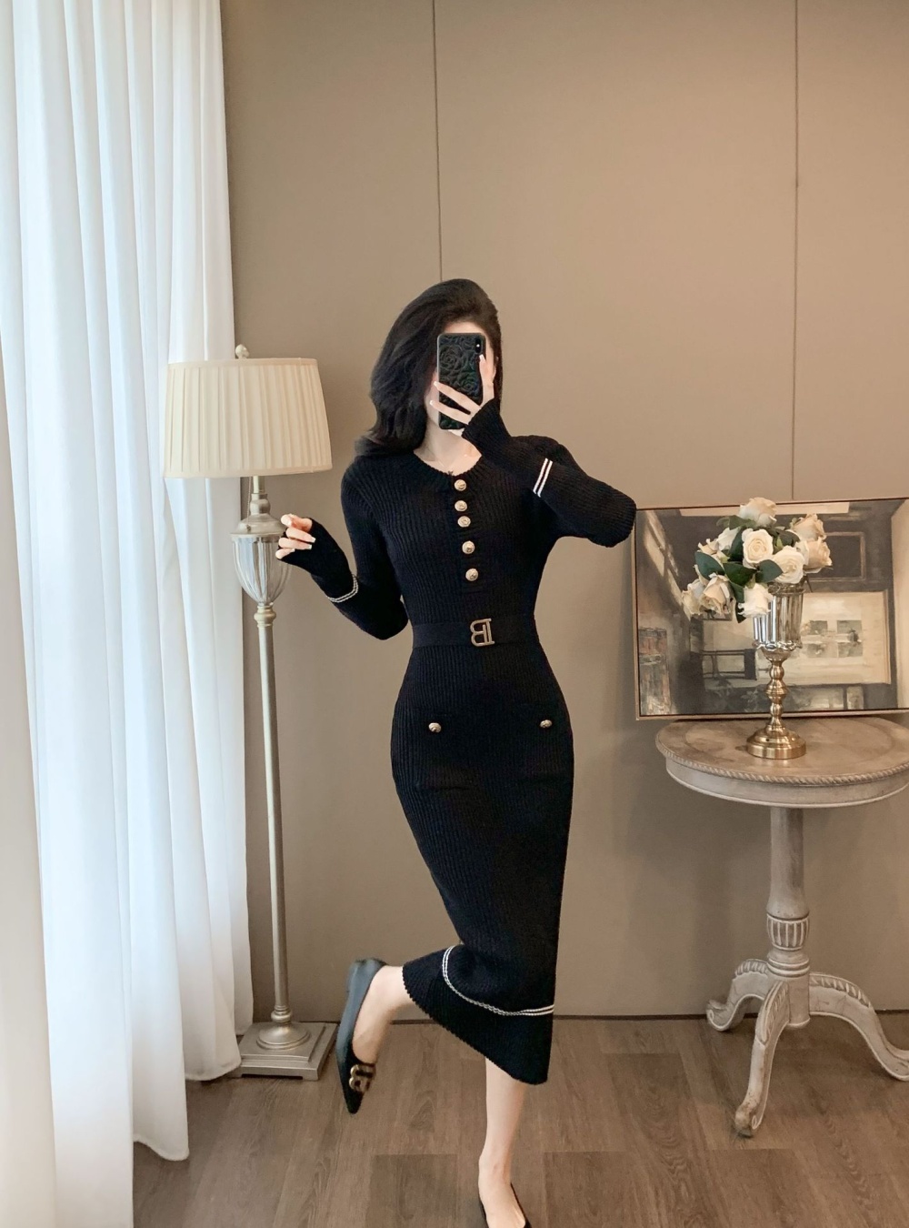 Long autumn pinched waist knitted sexy dress