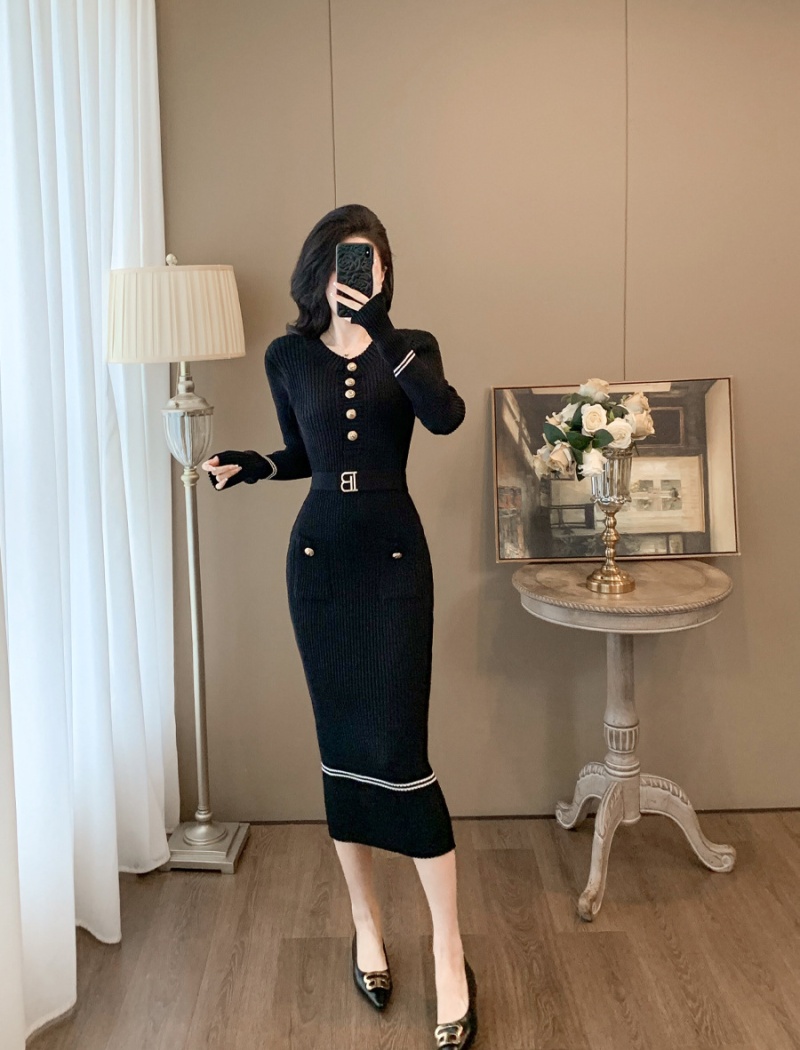 Long autumn pinched waist knitted sexy dress