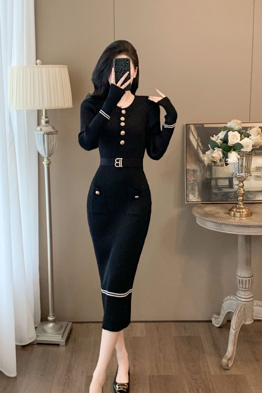 Long autumn pinched waist knitted sexy dress