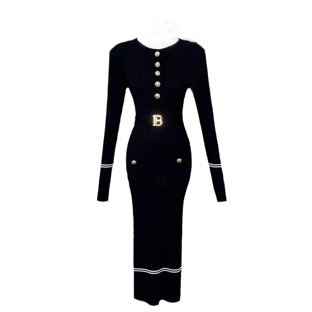 Long autumn pinched waist knitted sexy dress