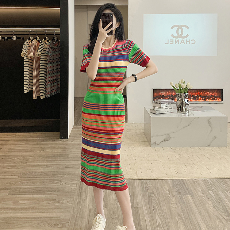 Stripe refinement round neck straight dress for women