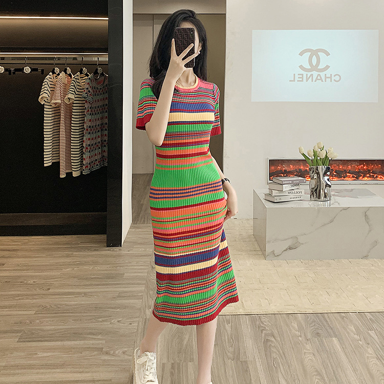 Stripe refinement round neck straight dress for women
