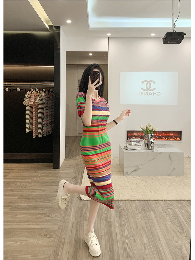 Stripe refinement round neck straight dress for women