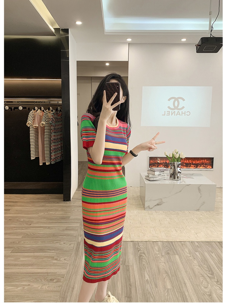 Stripe refinement round neck straight dress for women