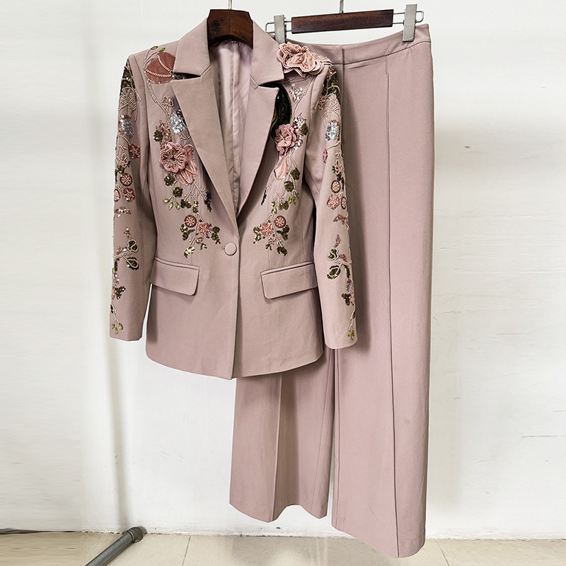 Beading European style fashion pants wide leg colors coat 2pcs set