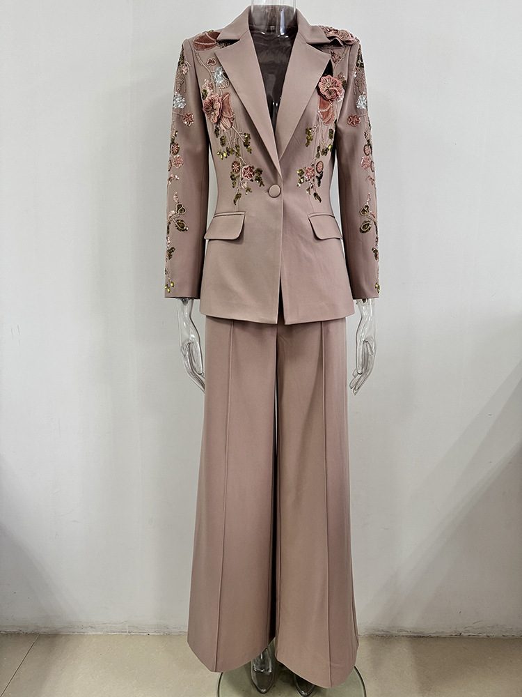 Beading European style fashion pants wide leg colors coat 2pcs set
