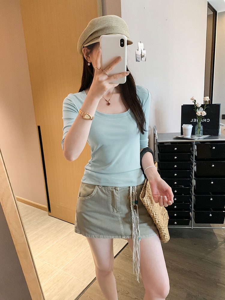 U-neck unique summer tops slim short sleeve T-shirt