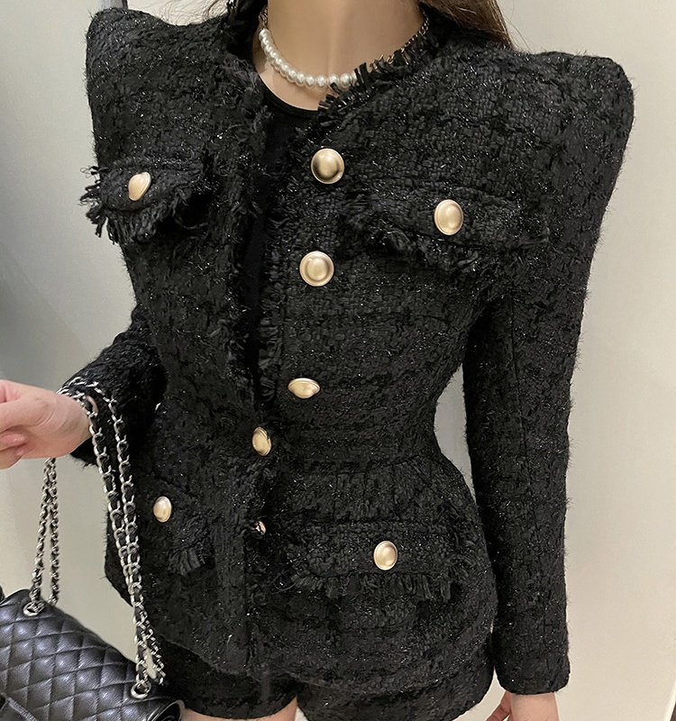 White woolen coat coarse flower shorts 2pcs set