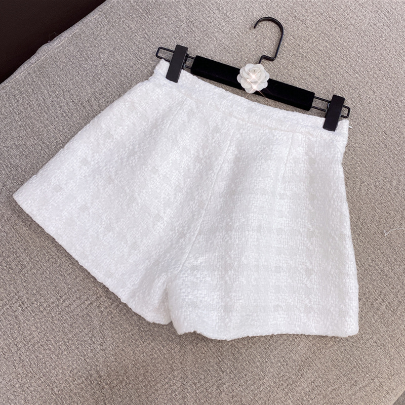 White woolen coat coarse flower shorts 2pcs set