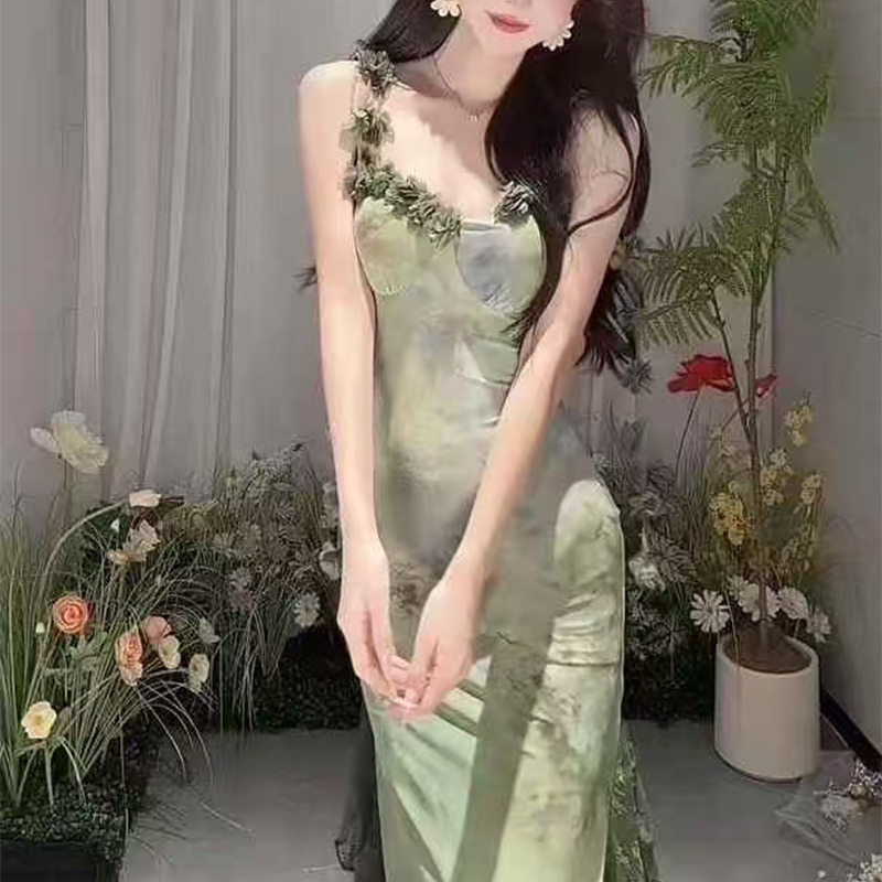 Summer slim long dress France style lace strap dress