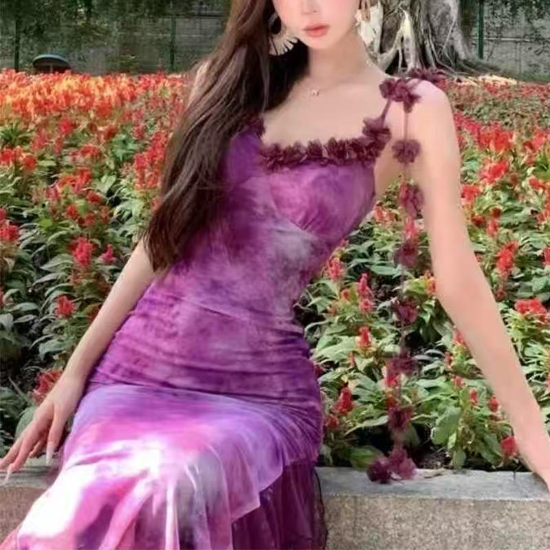 Summer slim long dress France style lace strap dress
