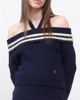 Slim halter flat shoulder stripe sweater for women