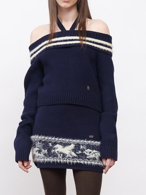Slim halter flat shoulder stripe sweater for women