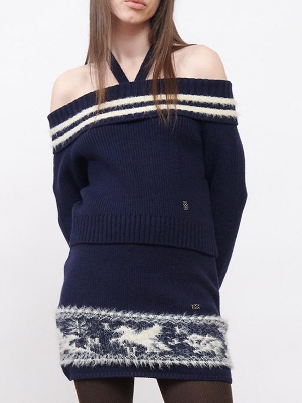 Slim halter flat shoulder stripe sweater for women