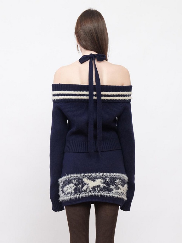 Slim halter flat shoulder stripe sweater for women