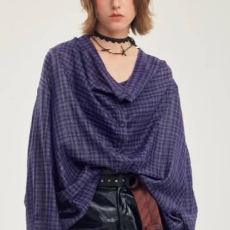 Casual navy blue shirt France style fashion tops