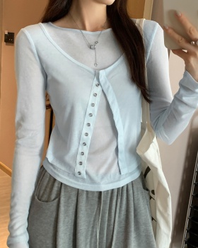 Long sleeve thin unique T-shirt summer Pseudo-two blue tops