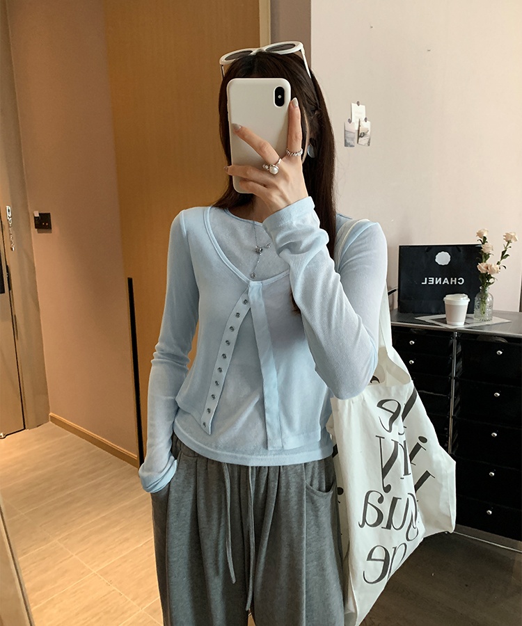 Long sleeve thin unique T-shirt summer Pseudo-two blue tops