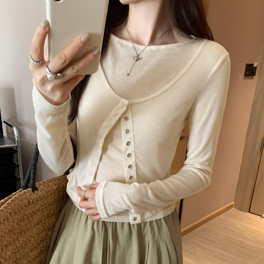 Long sleeve thin unique T-shirt summer Pseudo-two blue tops