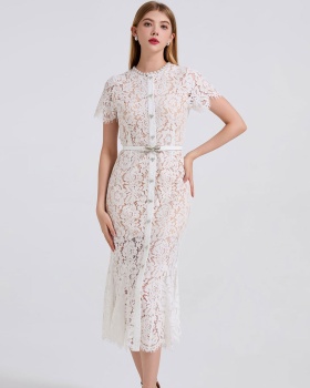 Slim bow rhinestone belt big skirt mermaid lace dress