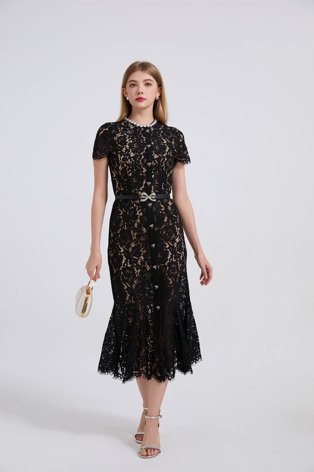 Slim bow rhinestone belt big skirt mermaid lace dress