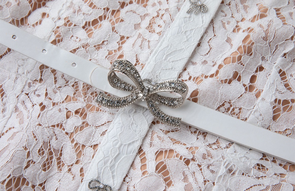 Slim bow rhinestone belt big skirt mermaid lace dress