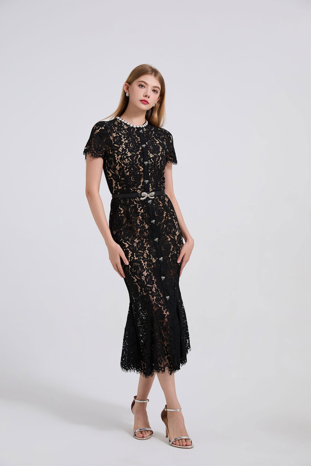 Slim bow rhinestone belt big skirt mermaid lace dress