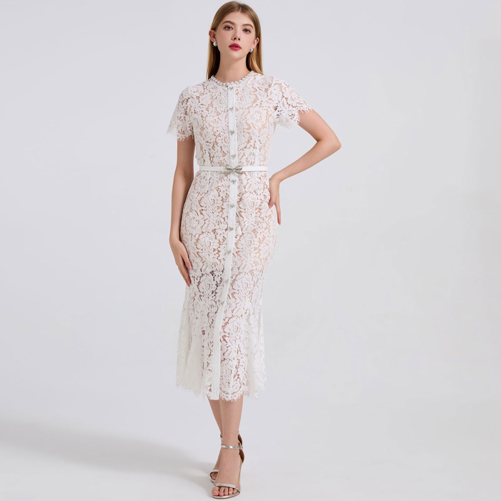 Slim bow rhinestone belt big skirt mermaid lace dress