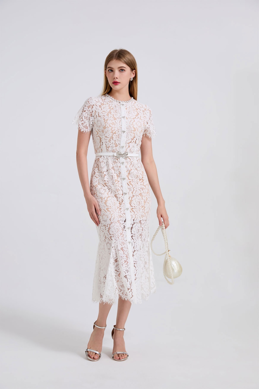 Slim bow rhinestone belt big skirt mermaid lace dress