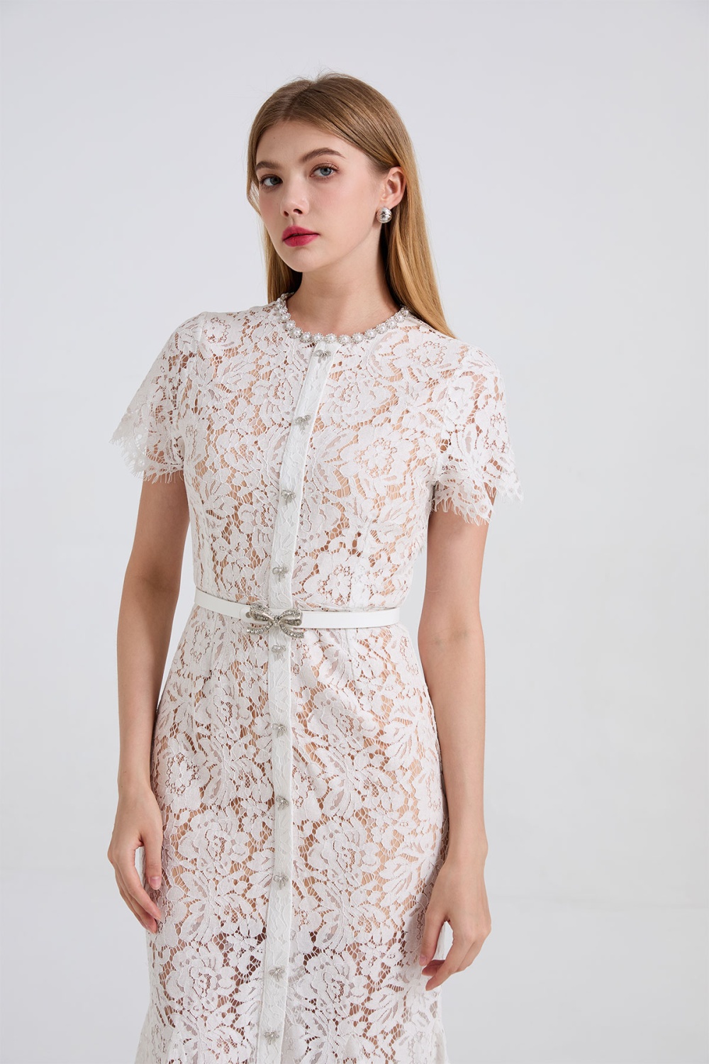 Slim bow rhinestone belt big skirt mermaid lace dress
