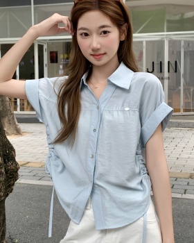 Pinched waist short sleeve tops summer shirt for women